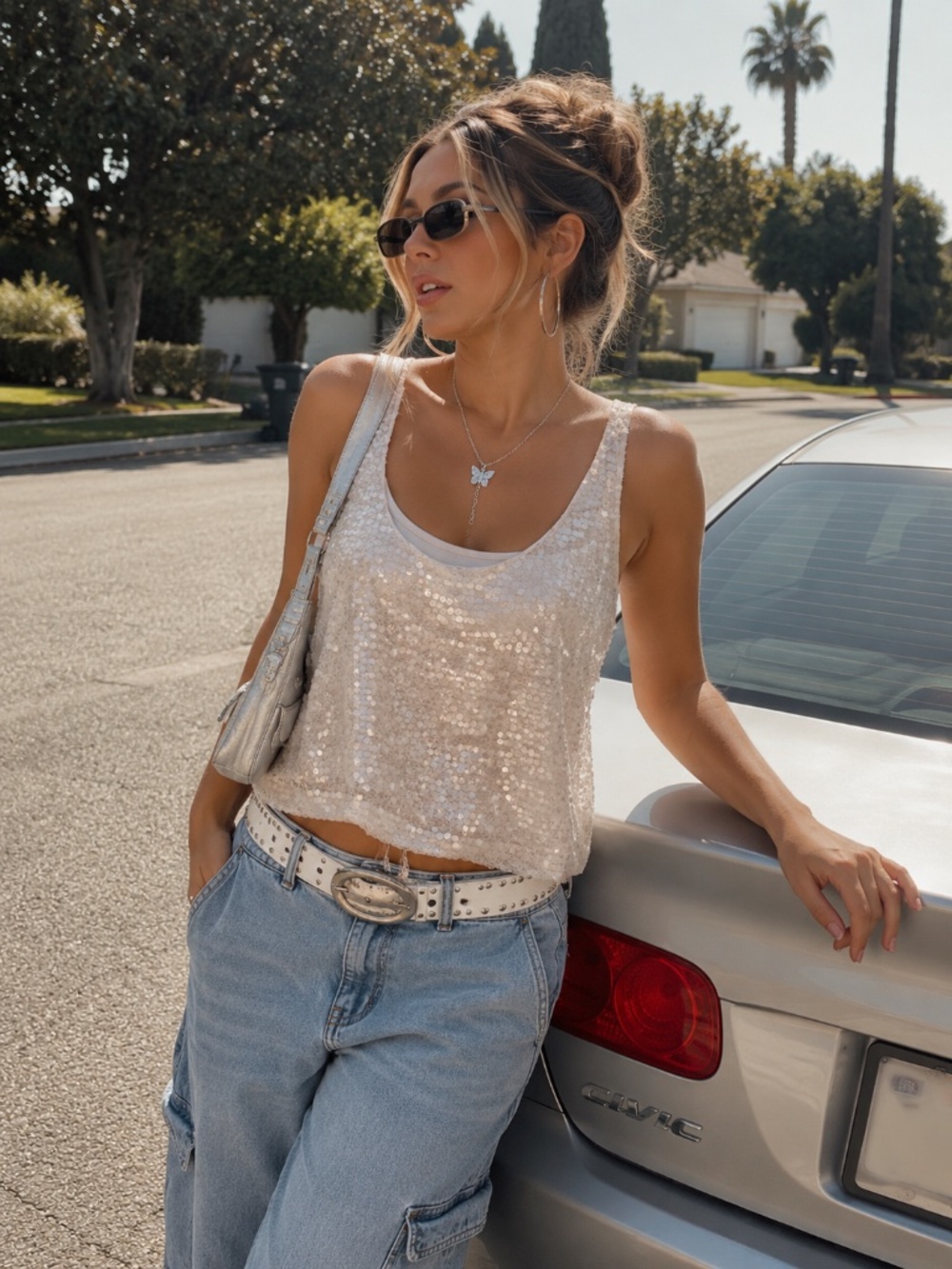 Sequin Scoop Neck Tank Top in Silver
